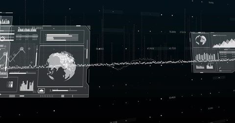Monochrome Futuristic HUD Datastream With Global Telemetry Waveform and Analytic Panels