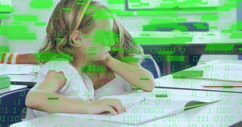 Young student leaning and daydreaming in classroom with green binary data overlay