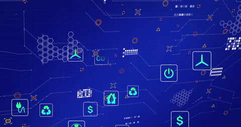 Digital Eco Icons Overlay on Blue Technology Background