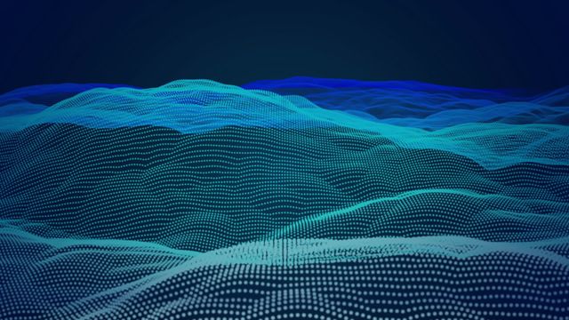 Visual representation of a digital blue wave with a particle grid on a dark background. Suitable for uses in technology presentations, digital interface illustrations, AI-themed graphics, cybersecurity visuals, abstract art projects, and future-oriented branding materials.