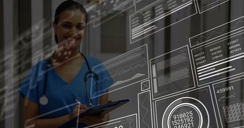 Smiling Nurse Analyzing Medical Data on Futuristic Digital Screens