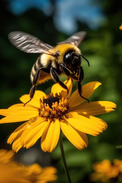 Ideal for nature conservation themes, educational materials on pollinators, or promotional content for gardening and ecology. Highlights the importance of bees in ecosystems. Stunning macro shot capturing detailed features of the bee and flower.
