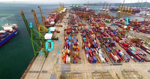 Aerial View of Busy Container Terminal at Large Port