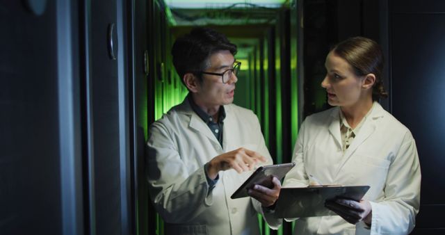IT professionals in lab coats manage servers with digital devices. - Download Free Stock Photos Pikwizard.com