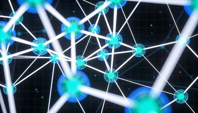 Connecting neon hubs forming 3d network lattice with glowing nodes and light rods