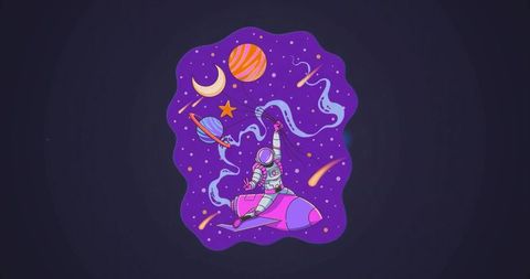 Astronaut Riding Pink Rocket Through Purple Nebula Catching Planets and Shooting Stars