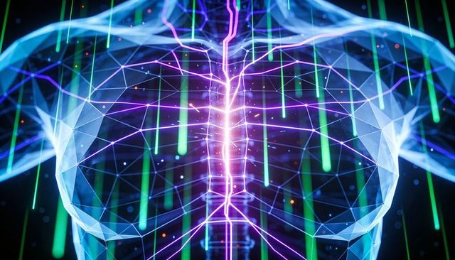 Neon holographic torso with glowing spine and falling digital data streams