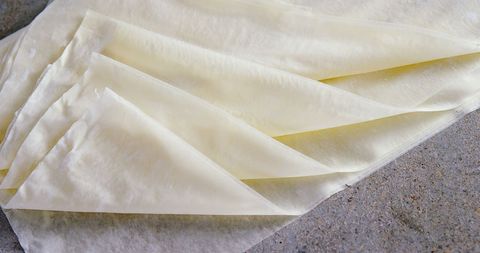 Fresh unused sheets of phyllo dough on grey background