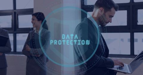 Business professionals protecting data using laptop with cybersecurity hud overlay