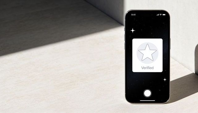 Smartphone displaying verified badge on minimal beige tabletop with long shadow