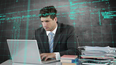 Caucasian Businessman Analyzing Economic Data on Laptop