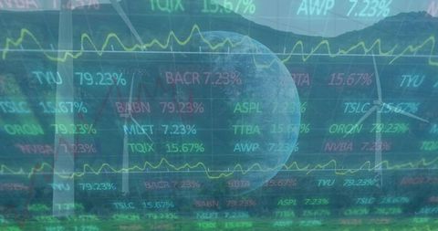 Overlaying stock market tickers over mountain ridge at dusk with moonrise and yellow trend line