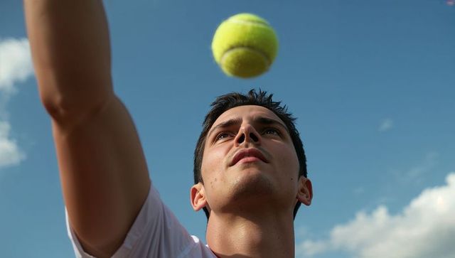 Serving tennis player tossing yellow ball under bright blue sky