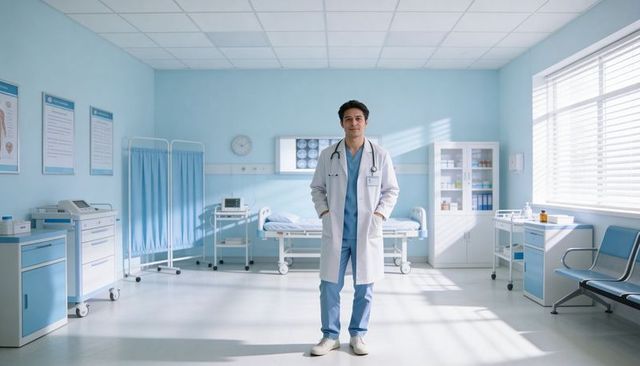 Standing male doctor wearing scrubs and stethoscope in bright sterile hospital exam room