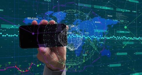 Hand Holding Smartphone with Global Data Analytics Overlay