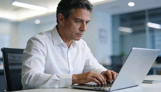 Focused businessman typing on laptop at modern glass-partitioned office desk, professional