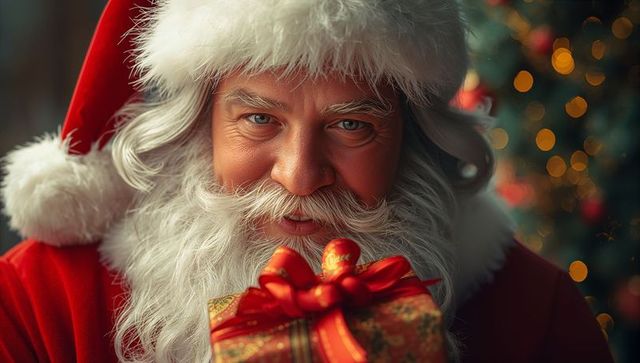 Santa Claus Holding Gift Joyfully During Christmas Celebrations