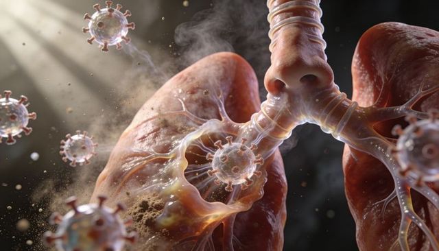 Inflamed lungs and airways under viral attack showing trachea, bronchi, alveoli and mucus