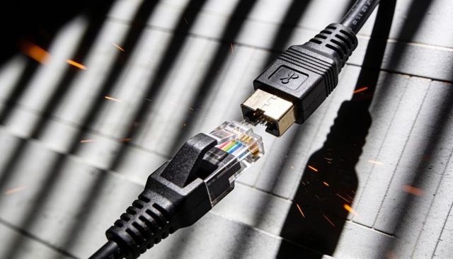 Sparking rj45 and usb-b connectors hovering over grooved tile with slatted shadows