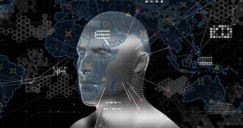 3D Dotted Head Mesh Connecting to Global Network HUD for AI Cybernetics Visualization