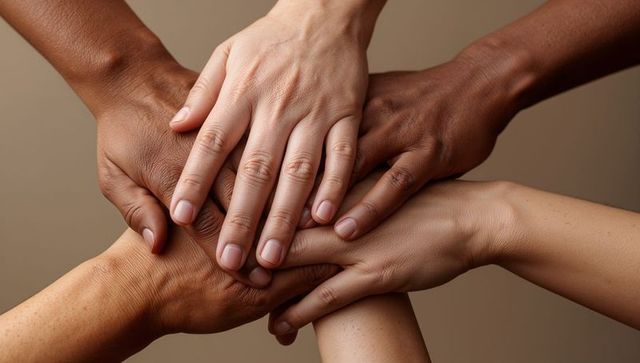 Stacking diverse hands forming unity and teamwork on neutral background