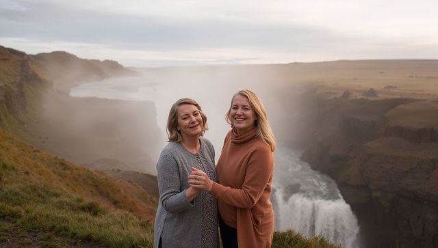 Two women holding hands on misty waterfall cliff embracing friendship and adventure