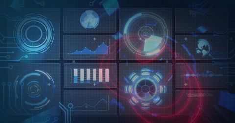Futuristic HUD dashboard displaying neon analytics grid with radar gauges and data charts