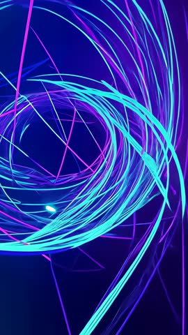 Vertical neon vortex loop Spinning coil entering wireframe cage Camera moving inward