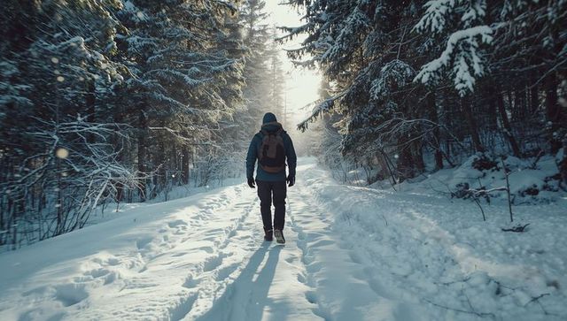 Solo hiker walking through sunlit snowy forest trail leaving footprints in winter