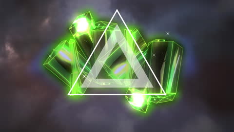 Animated Green Diamonds with Geometric Triangles on Cloudy Background
