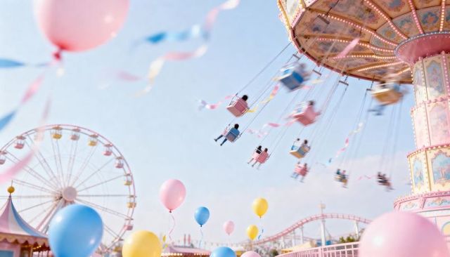 Pastel swing carousel spinning and lifting riders with floating balloons and ferris wheel