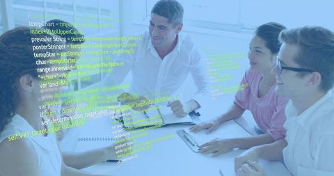 Manager leading collaborative tech meeting with code overlay guiding cross-functional team