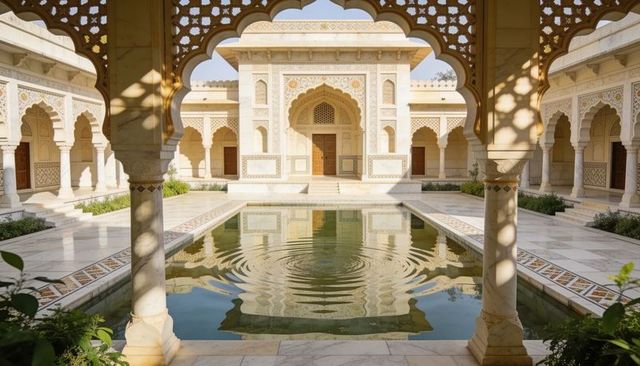 Sunlit mughal-style courtyard with reflecting pool, ripples and ornate marble arches