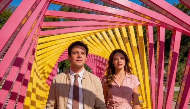 Couple walking through vibrant pink yellow geometric tunnel sculpture