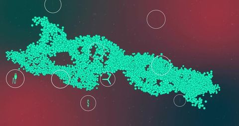 Turquoise particle network forming data flow with energy, finance and wind icons