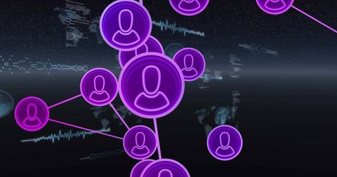 Neon purple user network connecting global nodes with futuristic dataflow interface