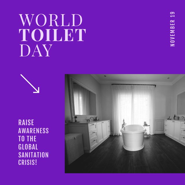 Digital composite image of world toilet day text in clean modern bathroom, copy space. Raise awareness, safely managed sanitation, hygiene, public health, promote basic sanitation.