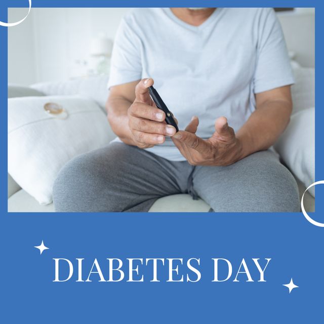 Composition of world diabetes day with biracial man using glucometer on grey background. Diabetes day and celebration concept digitally generated image.
