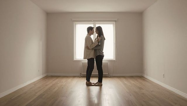 Young couple embracing in empty apartment holding keys by sunlit window, new home moment
