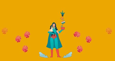 Multitasking Superhero Mother with Daughter and Plants on Vibrant Background - Download Free Stock Images Pikwizard.com