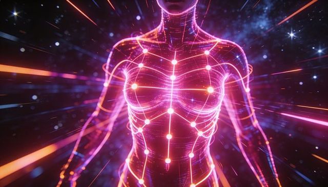 Neon Female Torso Mapping Health Data with Pulsing Nodes, Wireframe Mesh and Energy Flow