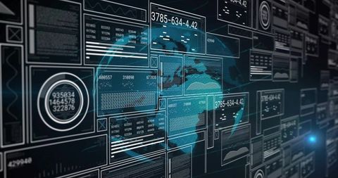 Displaying holographic globe with futuristic HUD panels, data visuals and dashboards