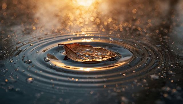 Brown leaf floating on calm water at sunset with concentric ripples and golden bokeh light