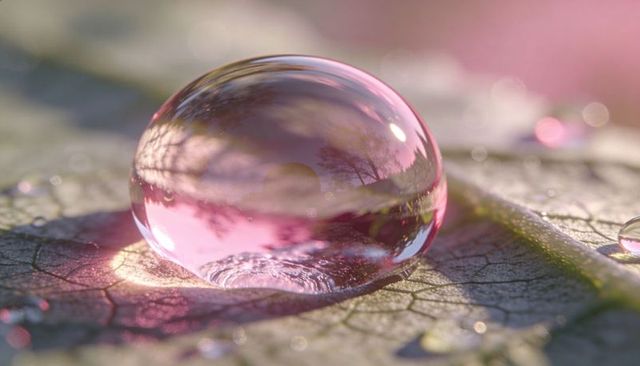 Crystal pink dew droplet magnifying leaf veins reflecting trees with bokeh sunrise