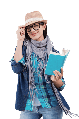 Happy Caucasian Woman Reading Book Wearing Hat on Transparent Background