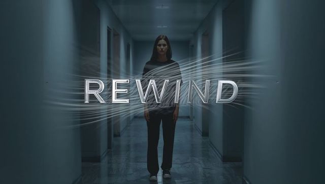 Standing woman wearing dark tee and sneakers in moody corridor with REWIND graphic
