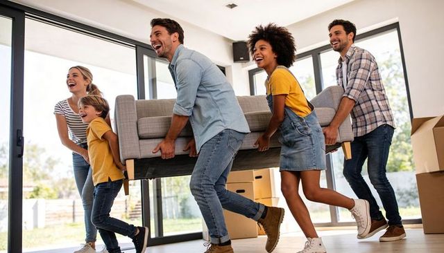 Happy family and friends moving sofa together in bright modern living room for move-in