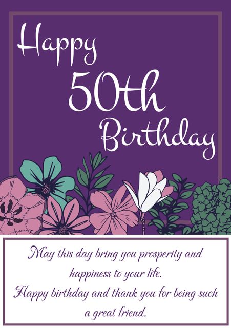 Happy 50th Birthday Card with Floral Design on Purple Background - Download Free Stock Templates Pikwizard.com