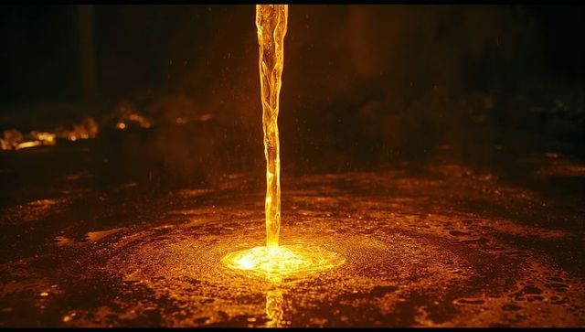Molten metal stream pouring in industrial foundry setting