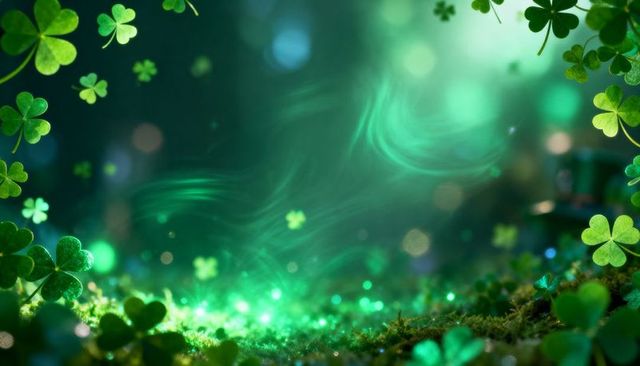 Emerald clover glow on mossy forest floor with dewdrops and swirling mist bokeh